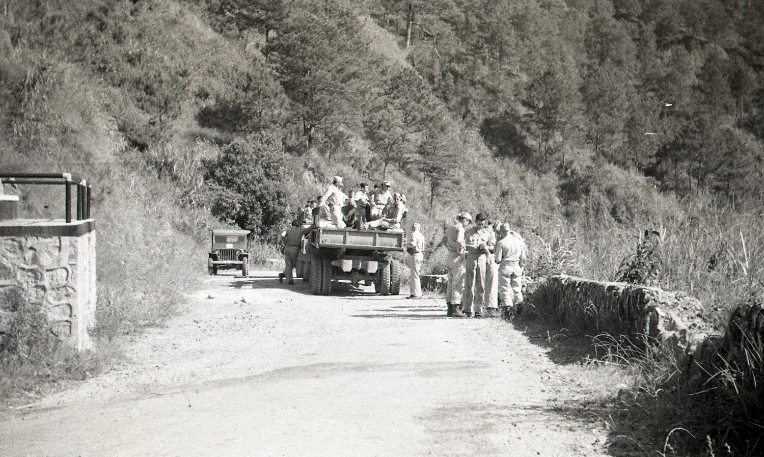 U.S. Army Convoy and Troops on Mountain Road, Luzon, Philippines, WWII