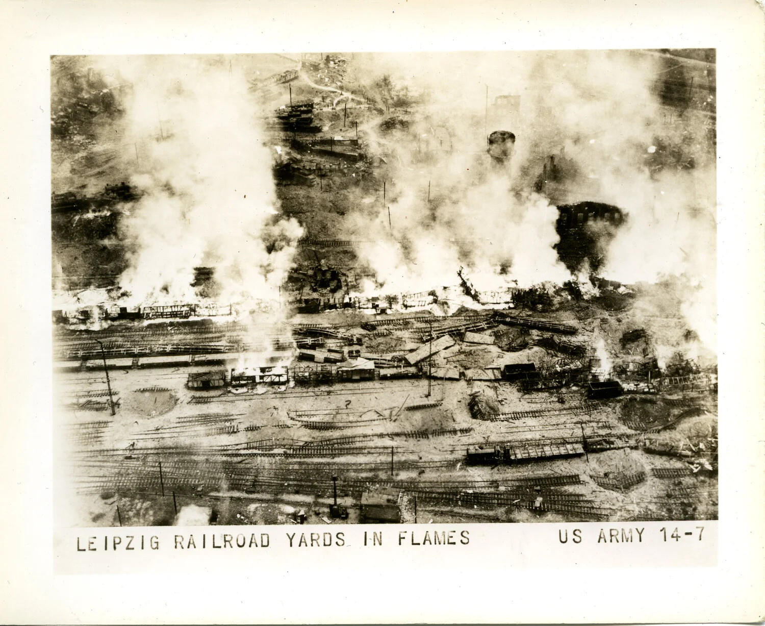 Leipzig Railroad Yards in Flames - U.S. Army Photograph, World War II European Theater (1945)