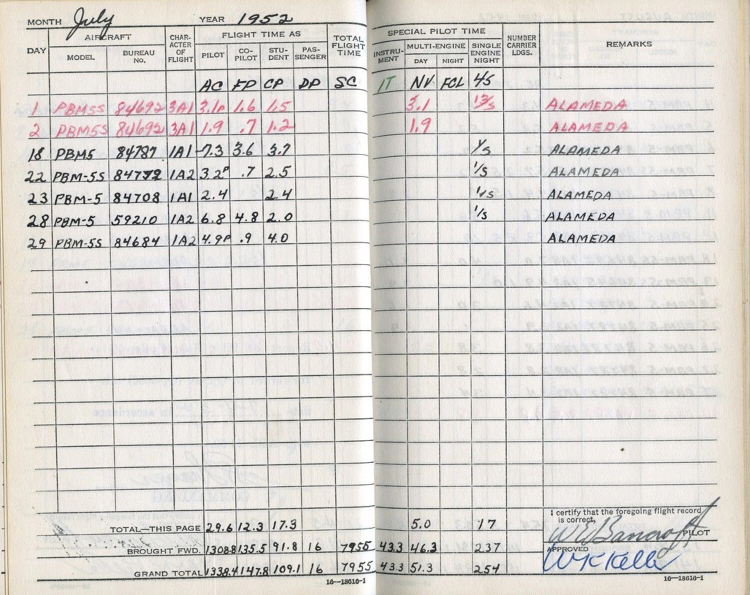 U.S. Navy Pilot Flight Log Book, PBM Mariner Flights, July 1952 — Lt. Bancroft