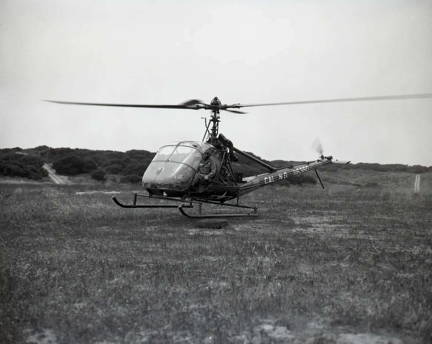 California National Guard Hiller OH-23 Raven Helicopter Hovering, Front-Quarter View