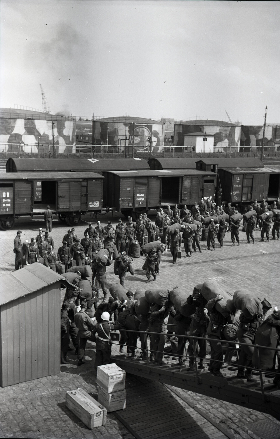 Troops Disembarking via Gangway to Rail Cars, Port of Bremerhaven, Postwar Germany