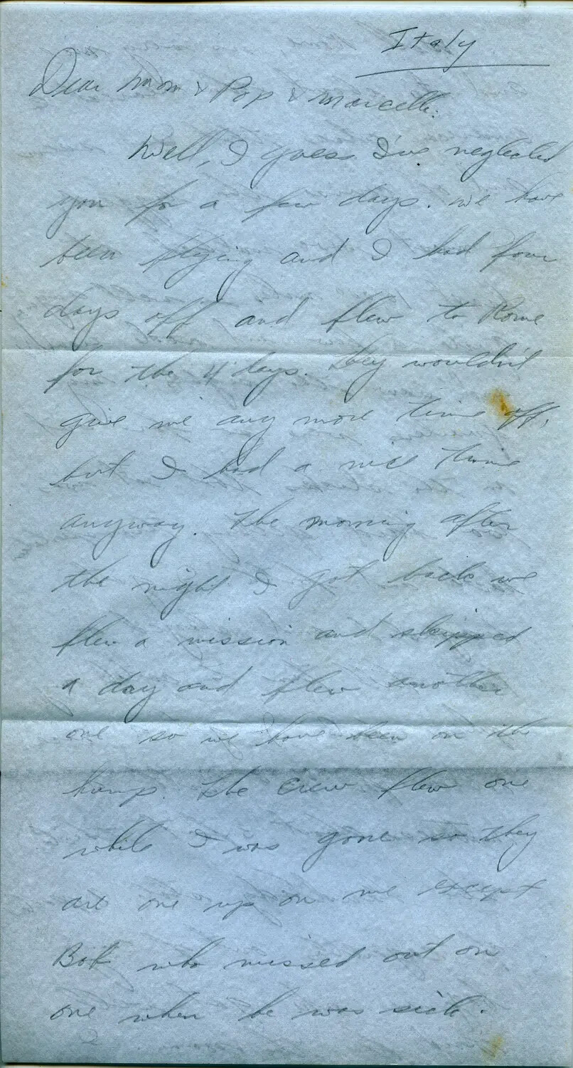 1944 Handwritten Letter from Italy -- WWII B-24 Belly Gunner Margaroli Correspondence