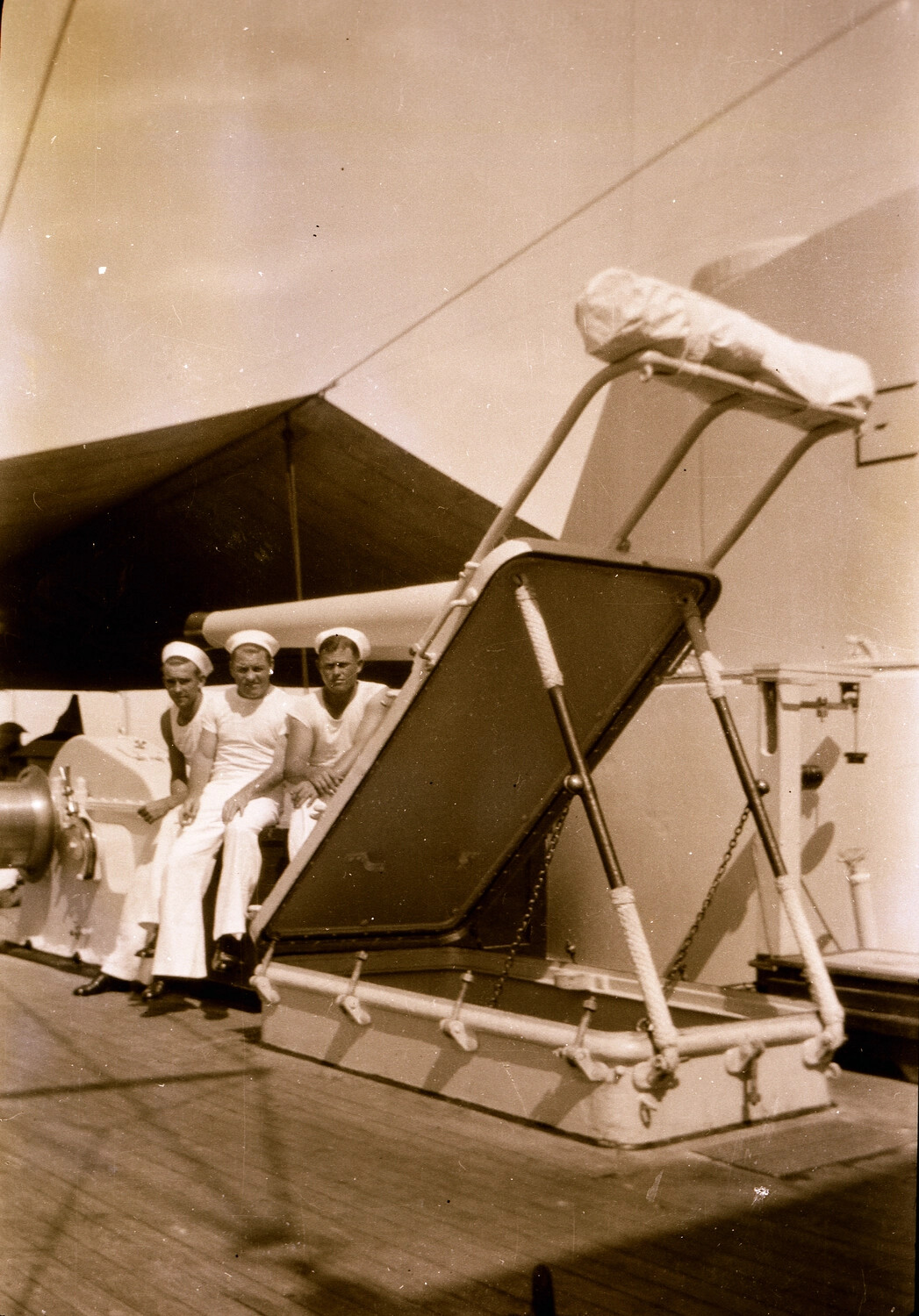 Sailors on Deck Beside Watertight Hatch, U.S. Navy Asiatic Fleet, China Station, 1930s