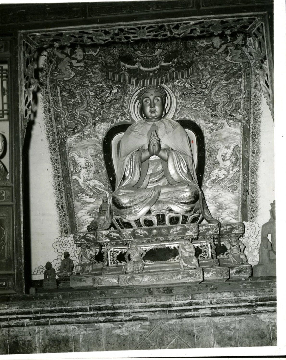 Gilded Buddha Statue in Ornate Temple Shrine, Likely Burma
