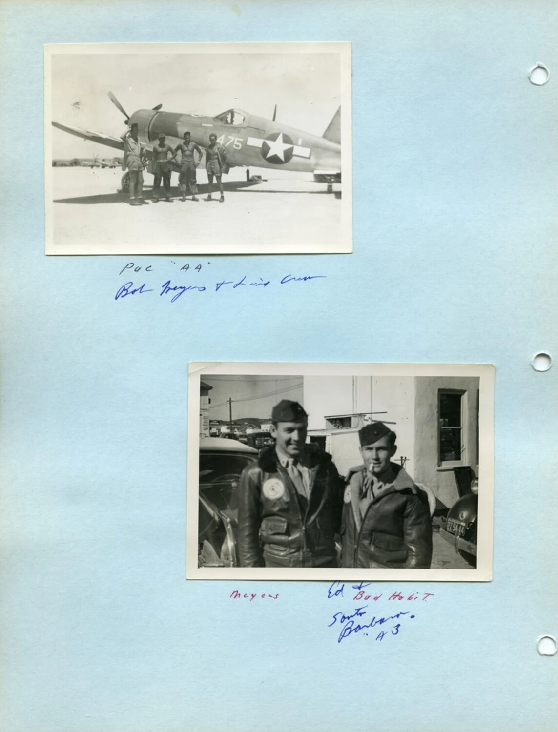 Scrapbook Page: P-47 Thunderbolt Ground Crew and Airmen in Santa Barbara, McAleer Photo Album
