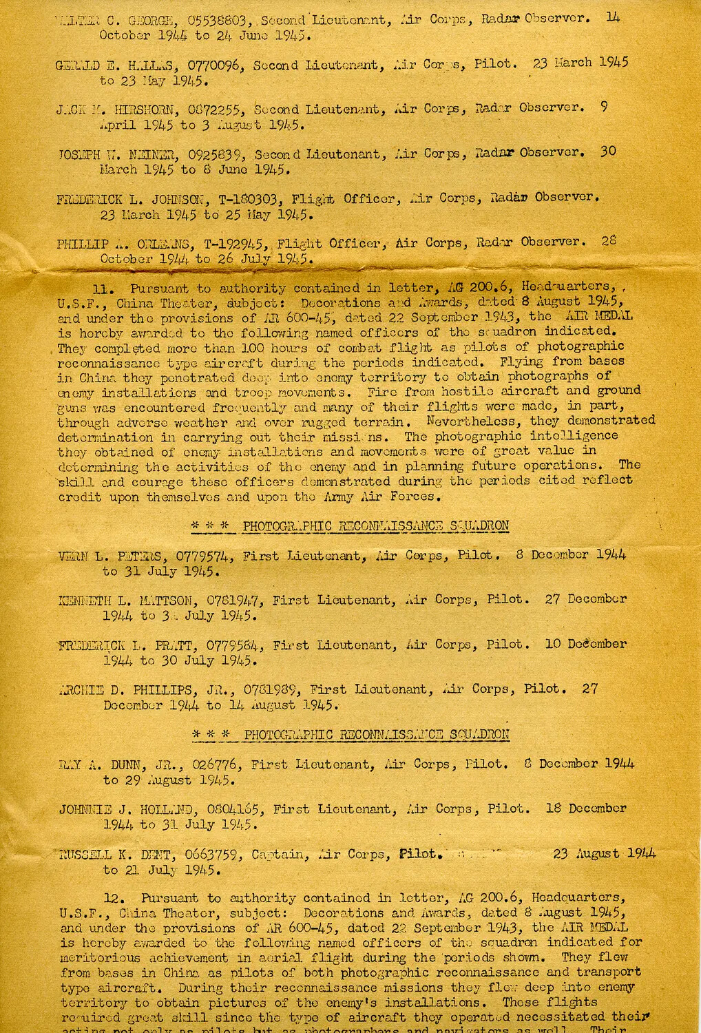 Air Medal Award Citation, Photographic Reconnaissance Squadron Officers, China Theater, 1945
