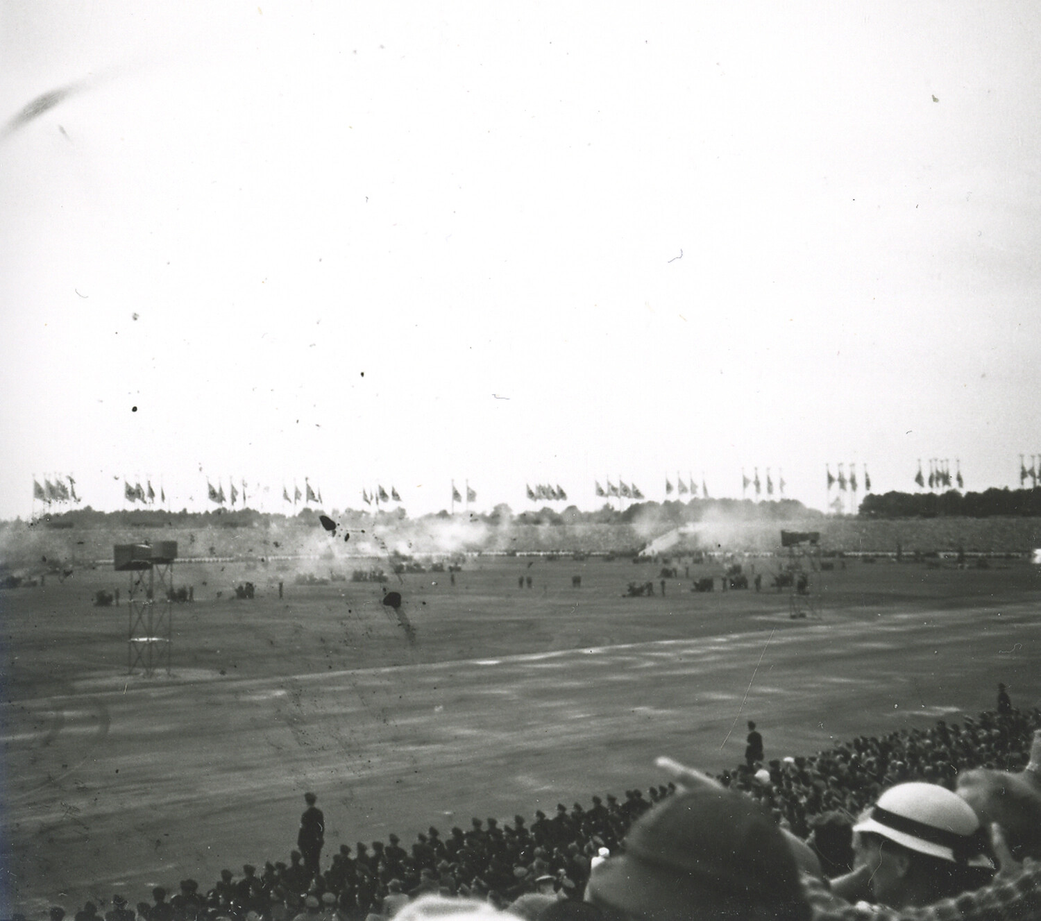 Crowded Stadium/Rally Grounds with Smoke on the Field — Nuremberg, Germany, WWII Era