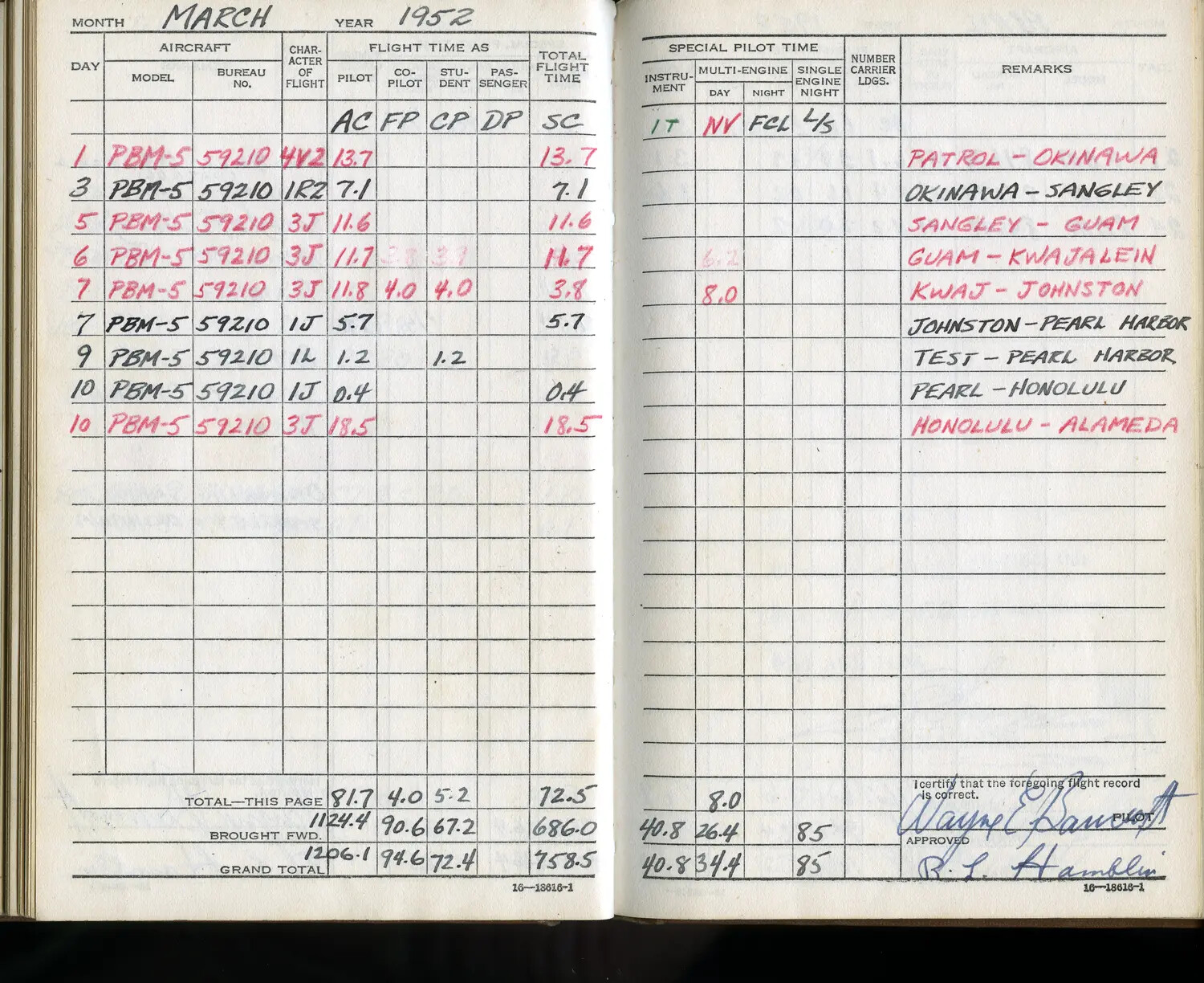 Lt. Wayne E. Bancroft's Naval Aviator Flight Logbook, March 1952 (PBM-5 Mariner Operations)