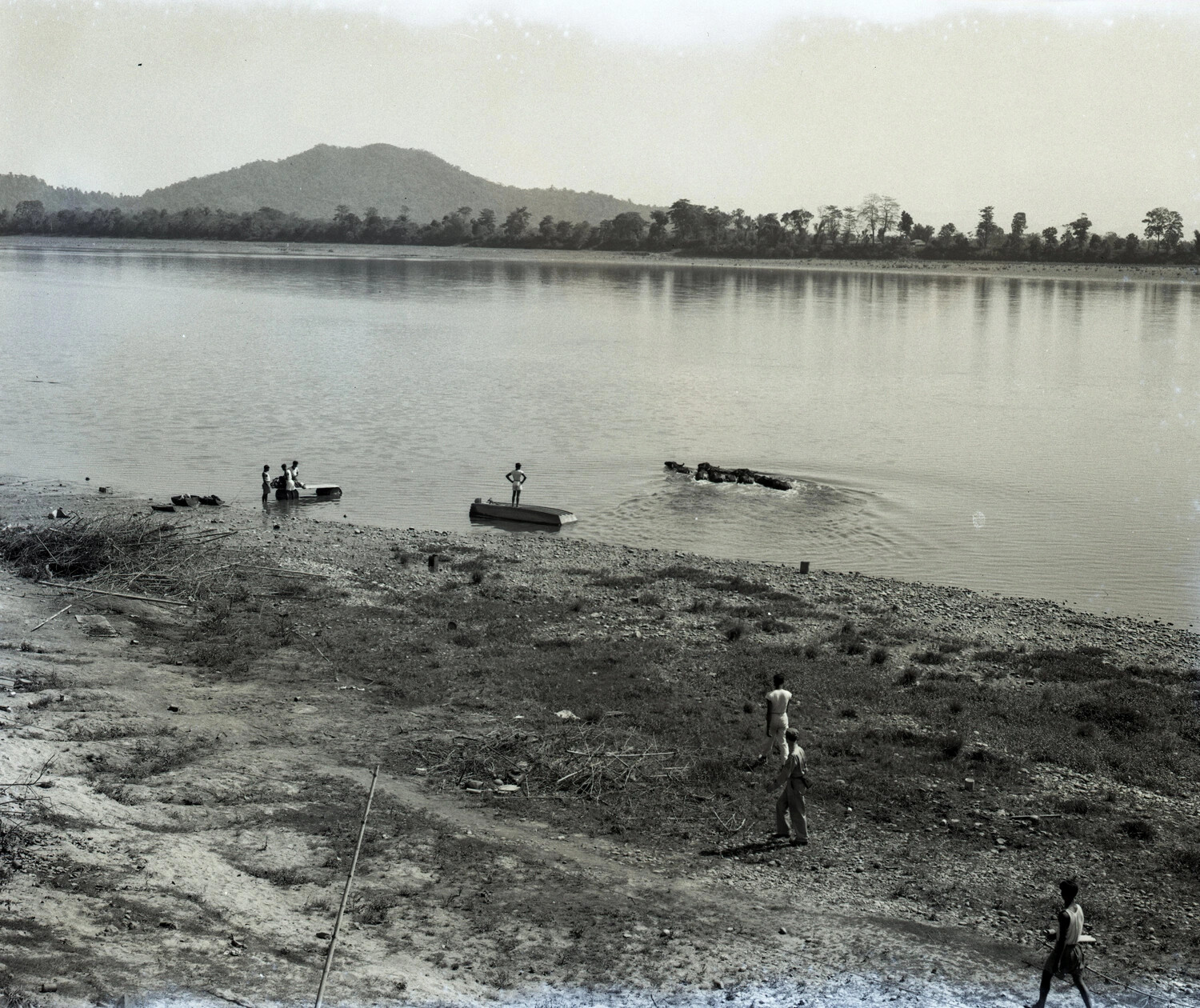 River Scene with Boats and Figures, China-Burma-India Theater, World War II