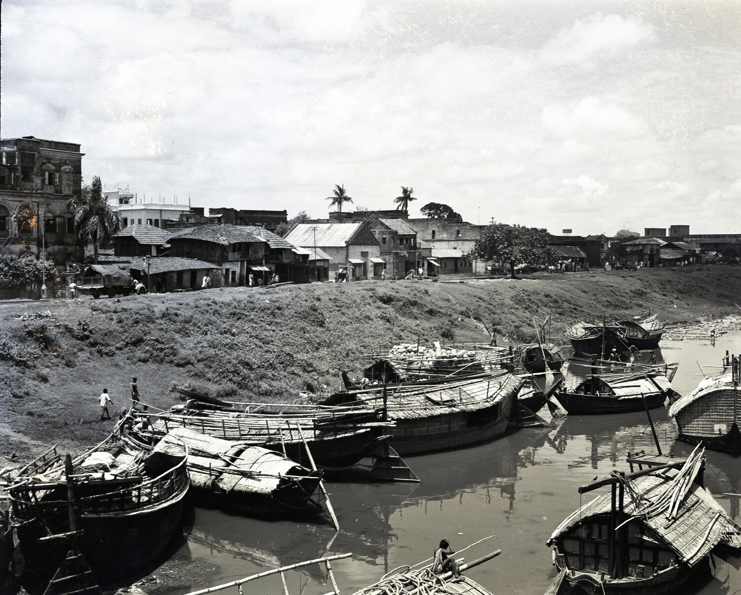 Riverside Harbor with Moored Cargo Junks, China-Burma Theater, WWII Era