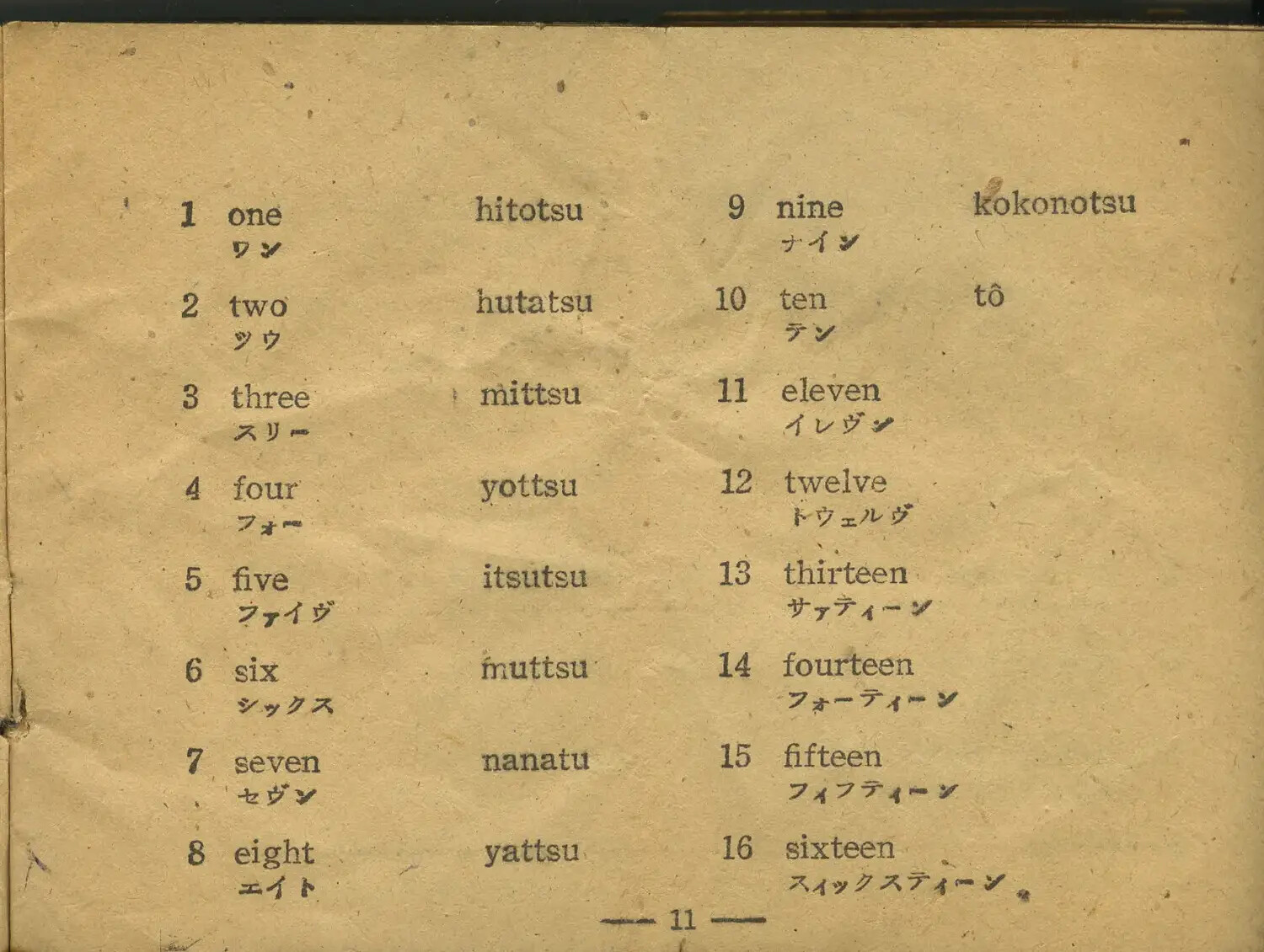 English-Japanese Numbers Phrasebook Page (1-16), WWII/Occupation Era