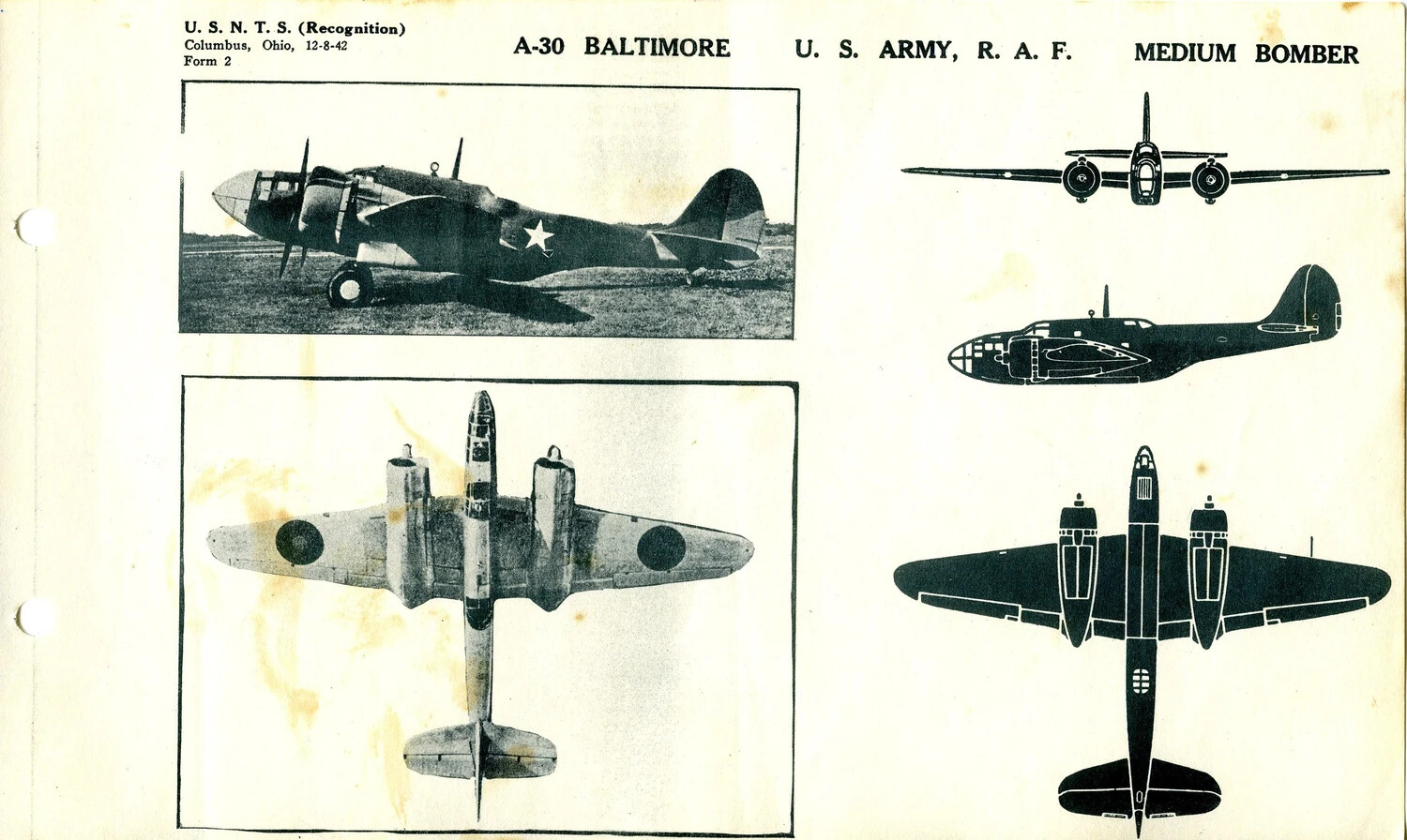 U.S.N.T.S. Aircraft Recognition Card: A-30 Baltimore Medium Bomber (Form 2, Columbus, Ohio, 12-8-42)