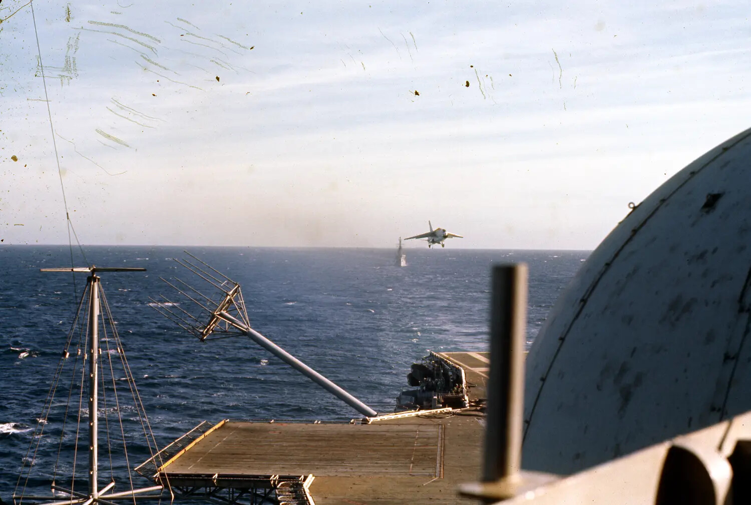 Carrier Island View with Radar Antenna and Jet Aircraft Over Water, USS Ticonderoga, Vietnam Era