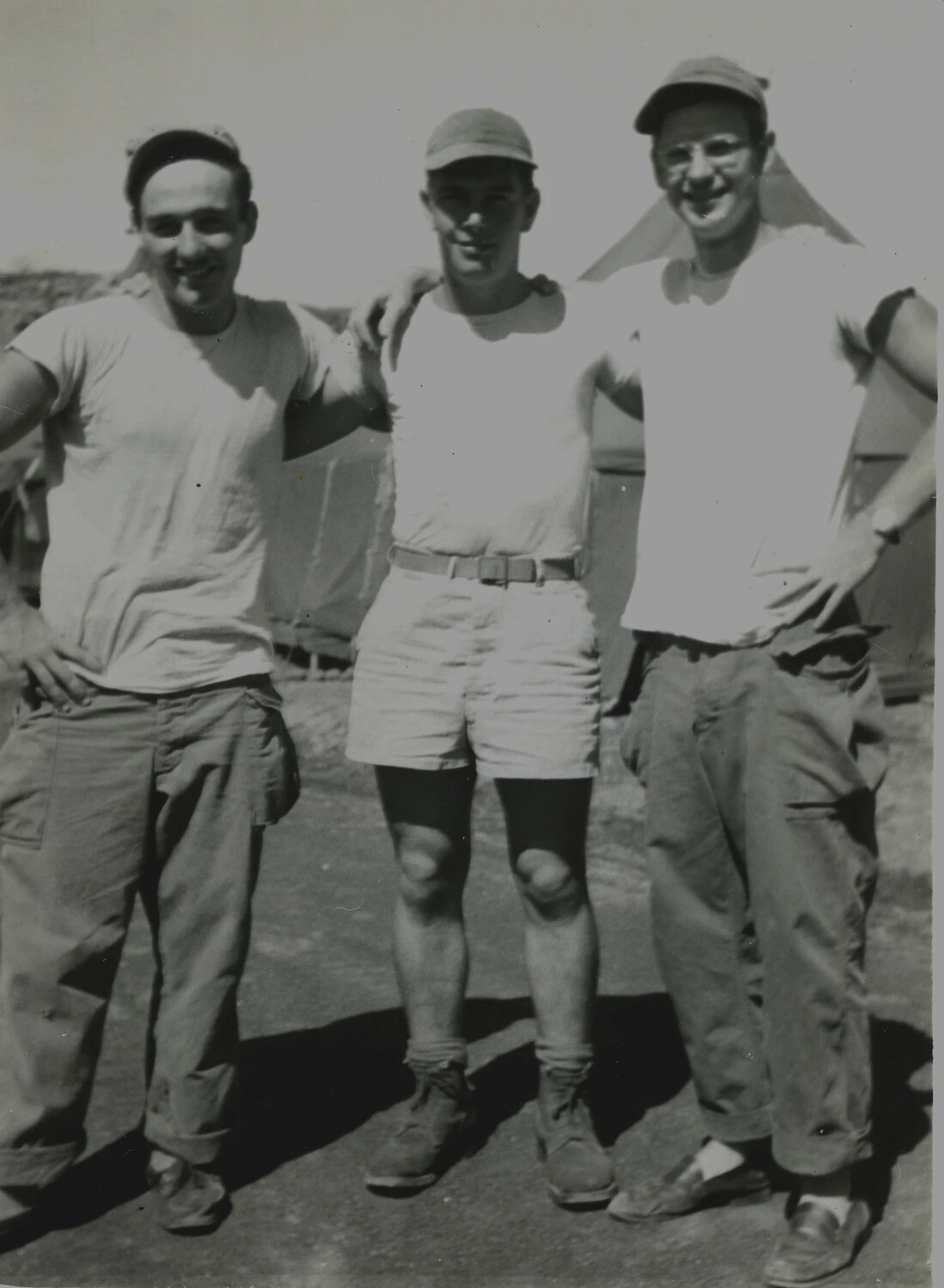 Three U.S. Marines Posing Arm-in-Arm at Camp, WWII (5th Marine Division)