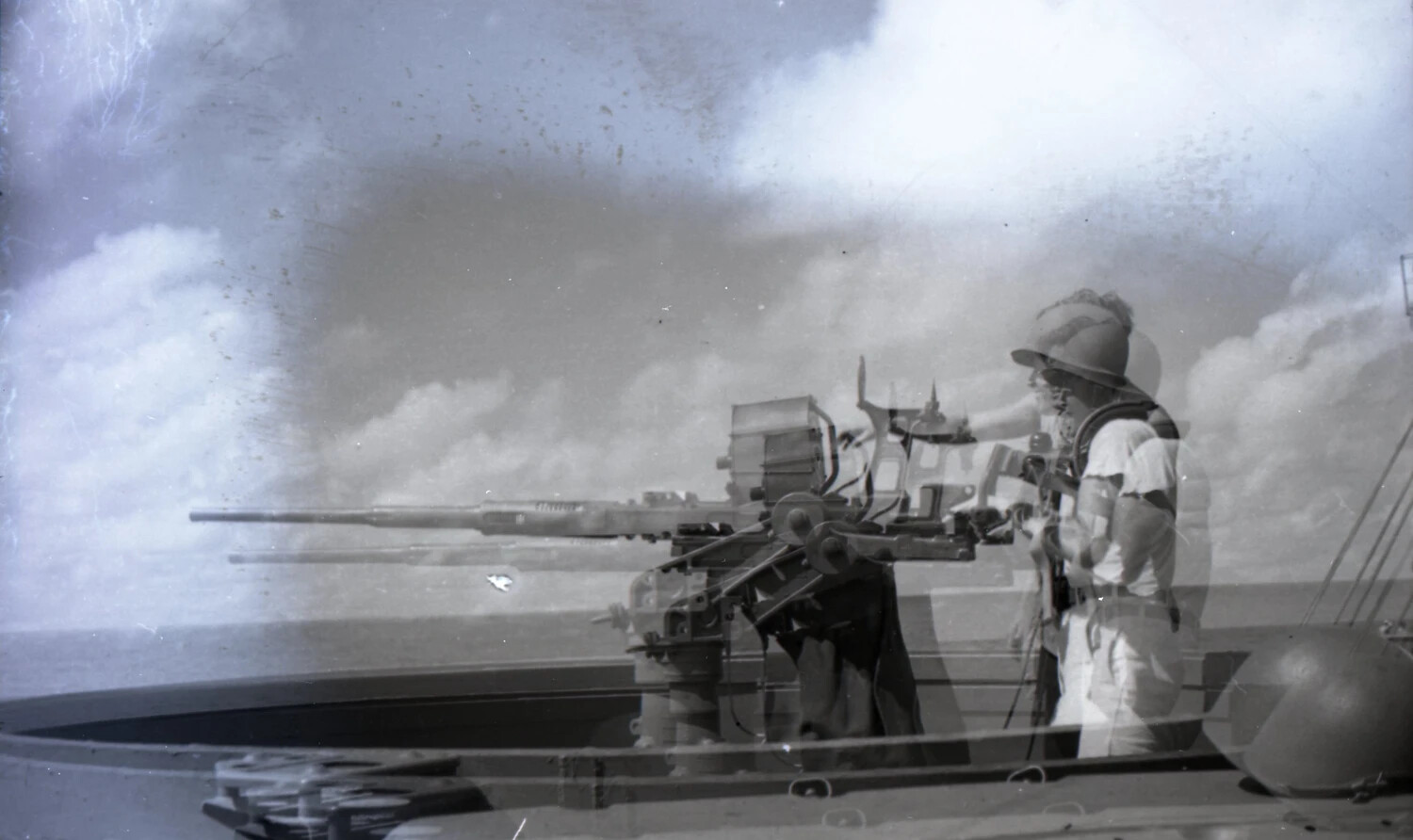 Shipboard Anti-Aircraft Gun Crewman at Sea — WWII Kotec China-Burma-India Collection Negative