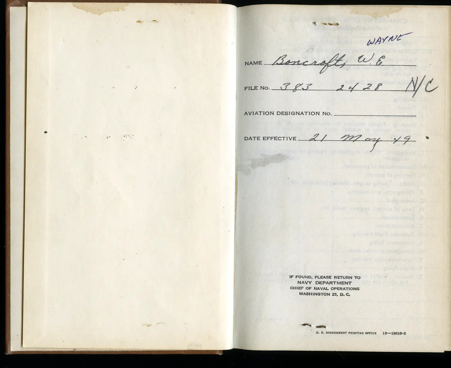 Identification Page, Naval Aviator's Flight Logbook of Lt. W. E. Bancroft, dated 21 May 1949