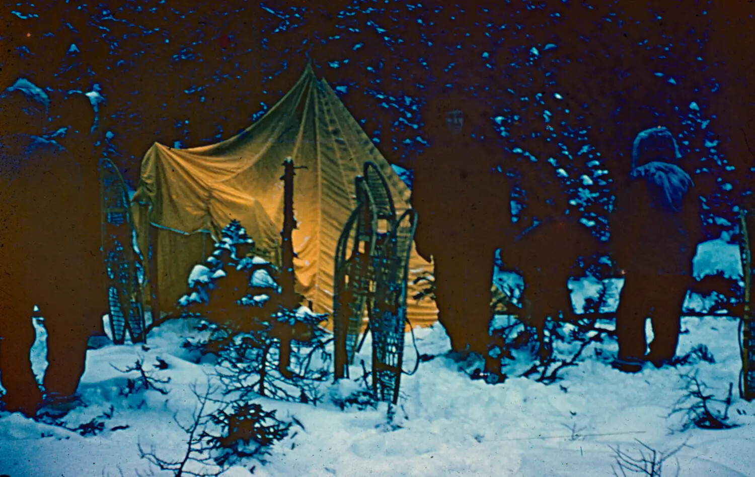 Snow Camp with Illuminated Tent and Snowshoes, Thule AFB Greenland, c. 1950-1955
