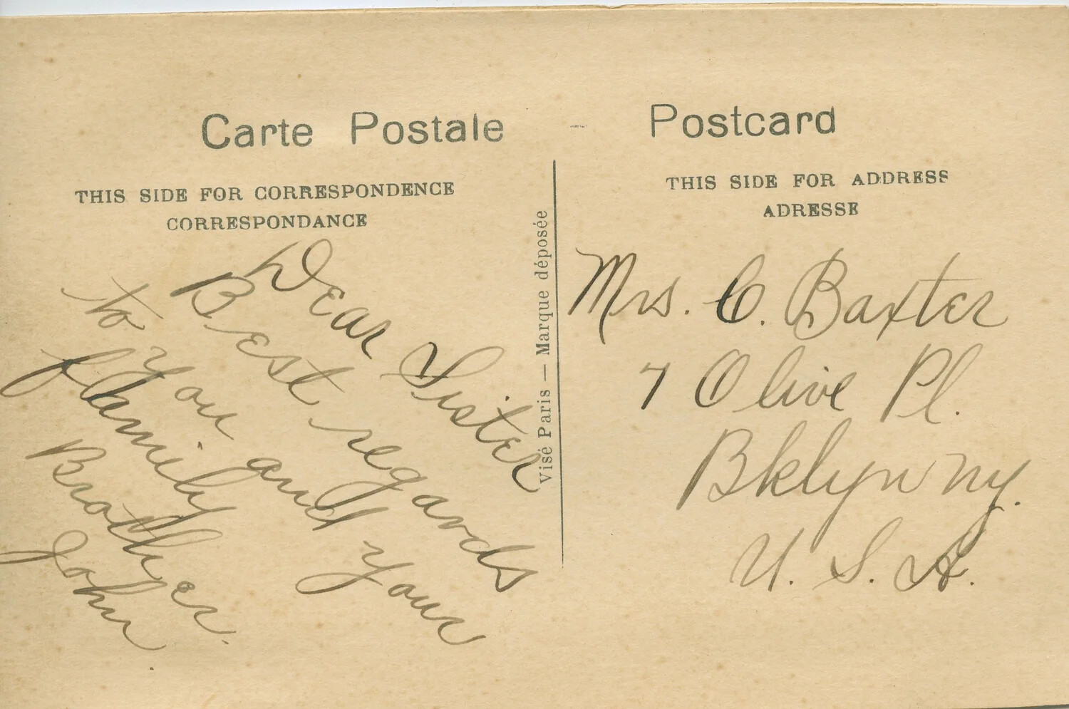 Correspondence Side of "Souvenir of France" Postcard Addressed to Mrs. C. Baxter, Brooklyn, NY