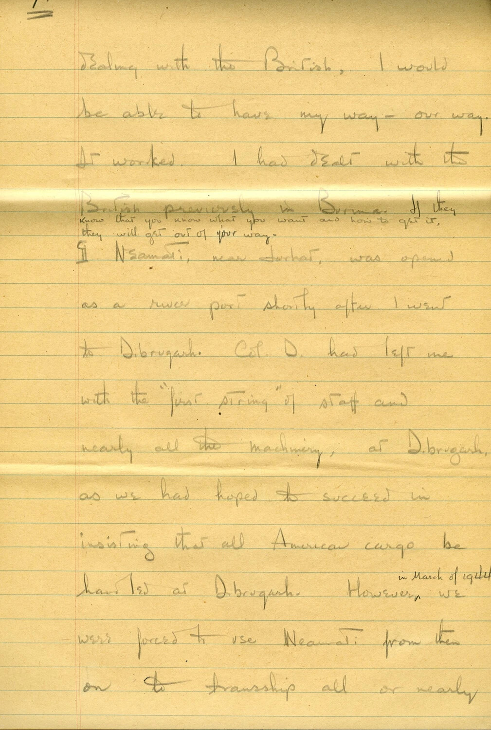 Handwritten Draft Memoir Page, U.S. Army Transportation/Movement Control Officer, CBI Theater, WWII (Page 045) - Dibrugarh and Neamati River Port Operations