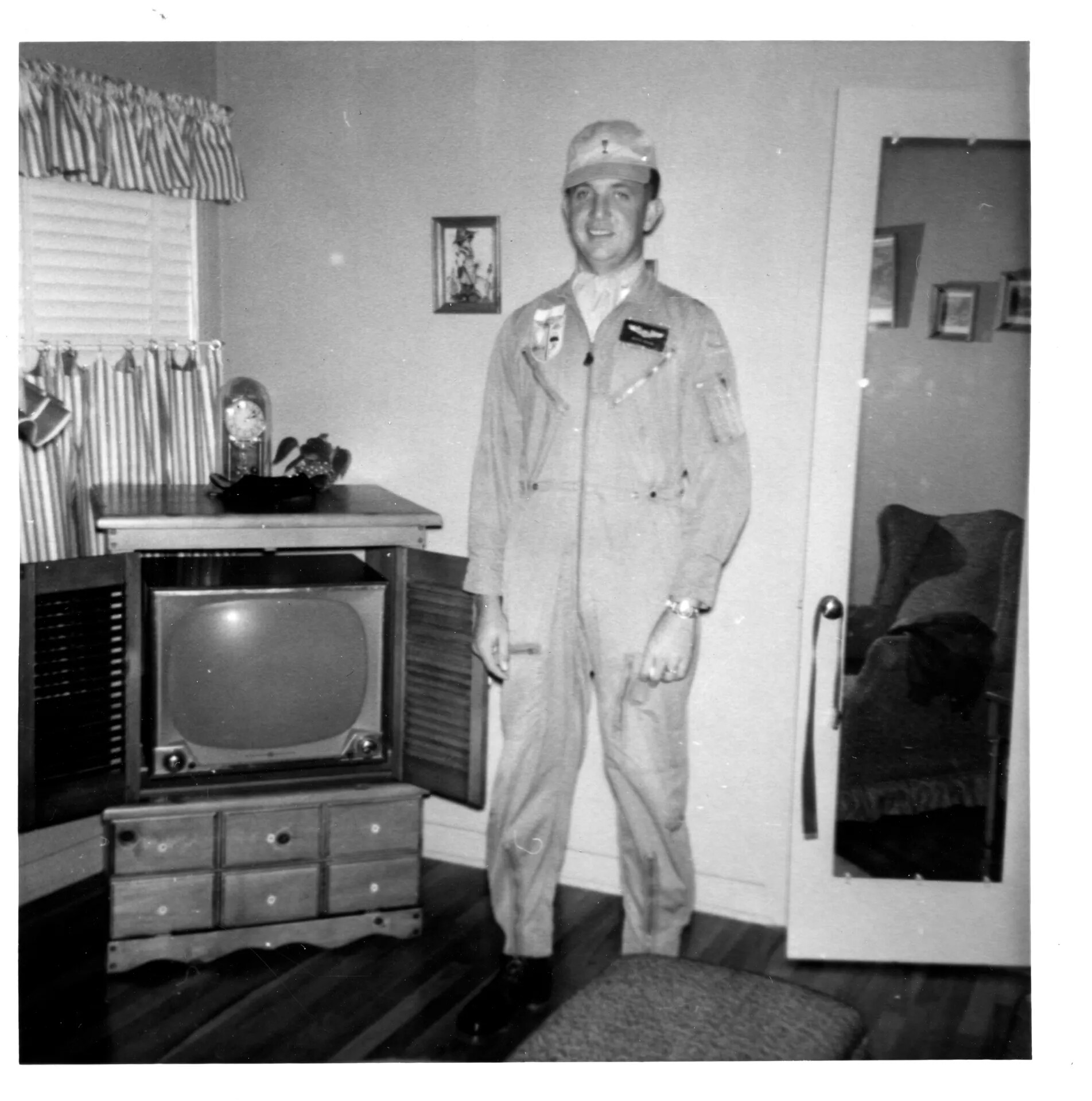 Airman in Flight Suit Posed in Home Living Room, Circa Early 1960s