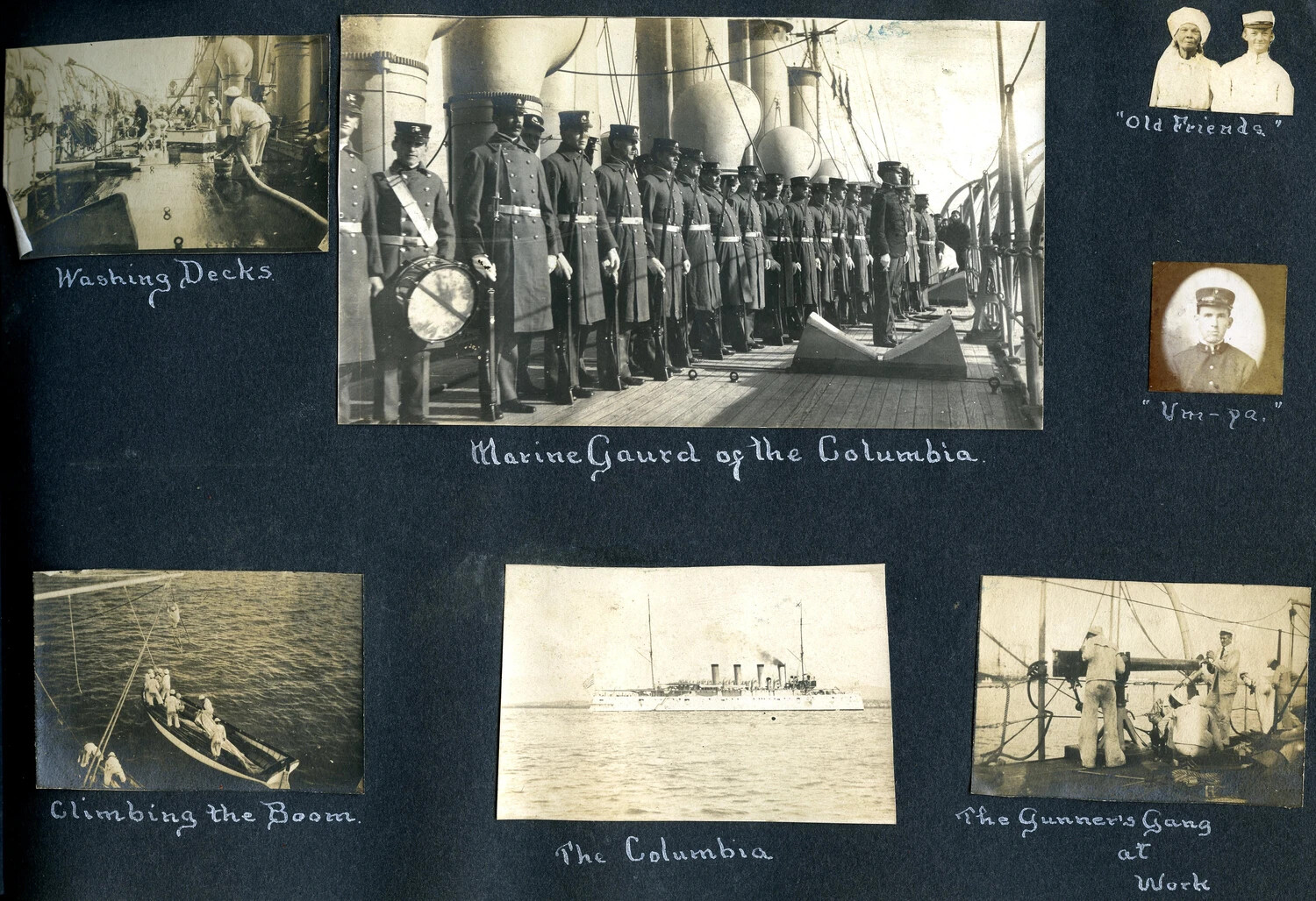 Album Page: 'Marine Guard of the Columbia' and Shipboard Scenes, USS Columbia (C-12), circa 1898-1907