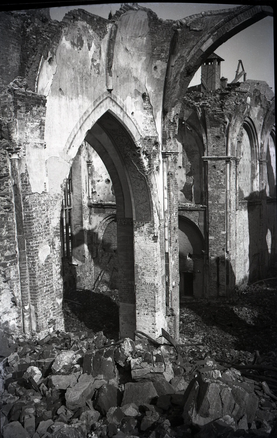 Interior Ruins of a Bomb-Damaged Gothic Church, WWII Era Germany