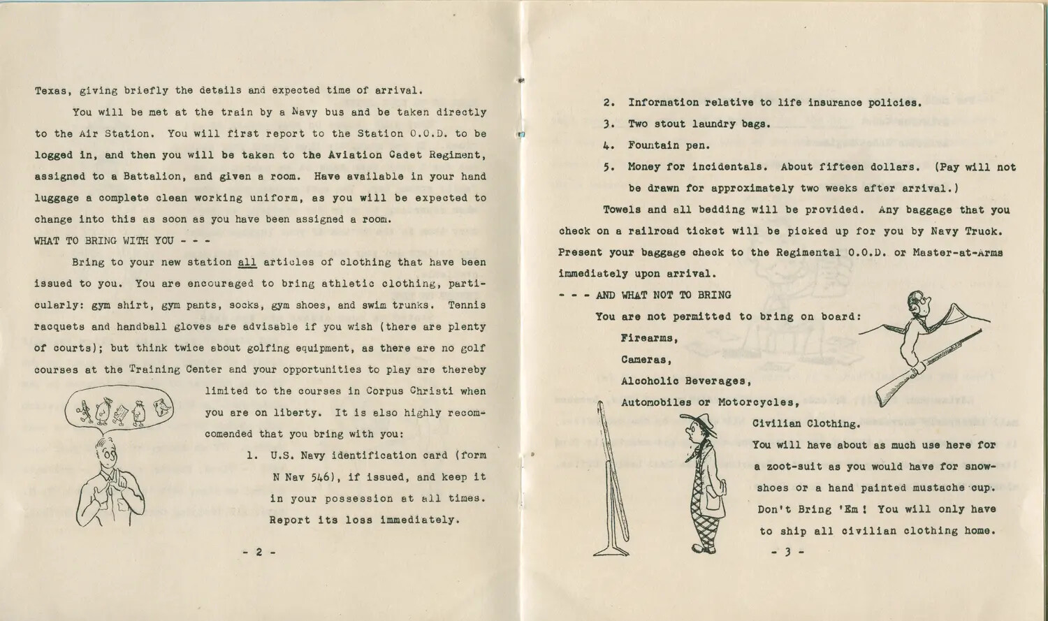 WWII U.S. Navy Aviation Cadet Orientation Booklet, Pages 2-3: Arrival Procedures and Packing Instructions (Edward P. McAleer Collection)