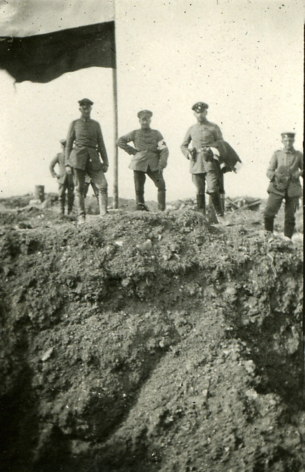 German Soldiers Atop Earthwork Fortification with Flag, World War I