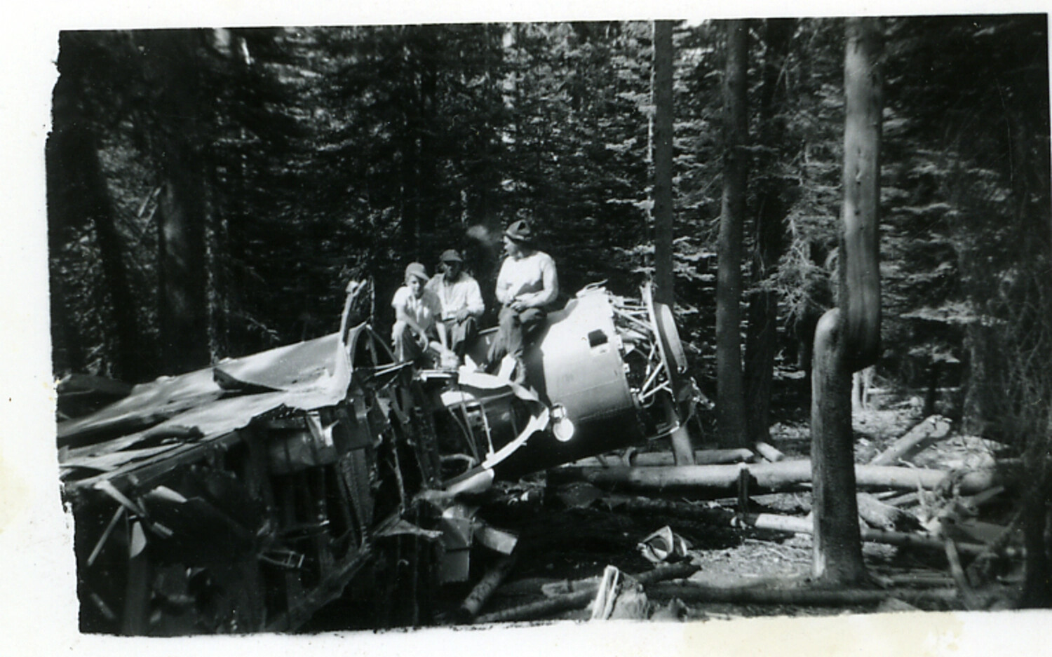 Wreckage of B-17 Flying Fortress Bomber in Forest, Wing and Engine Section with Onlookers