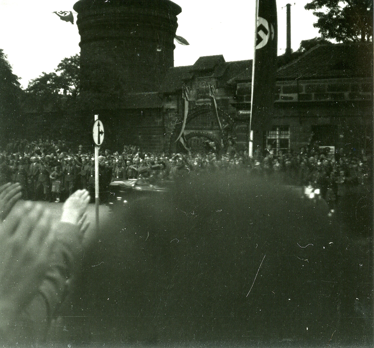 Crowd and Nazi Party Flags at Nuremberg Gate Tower, WWII Era