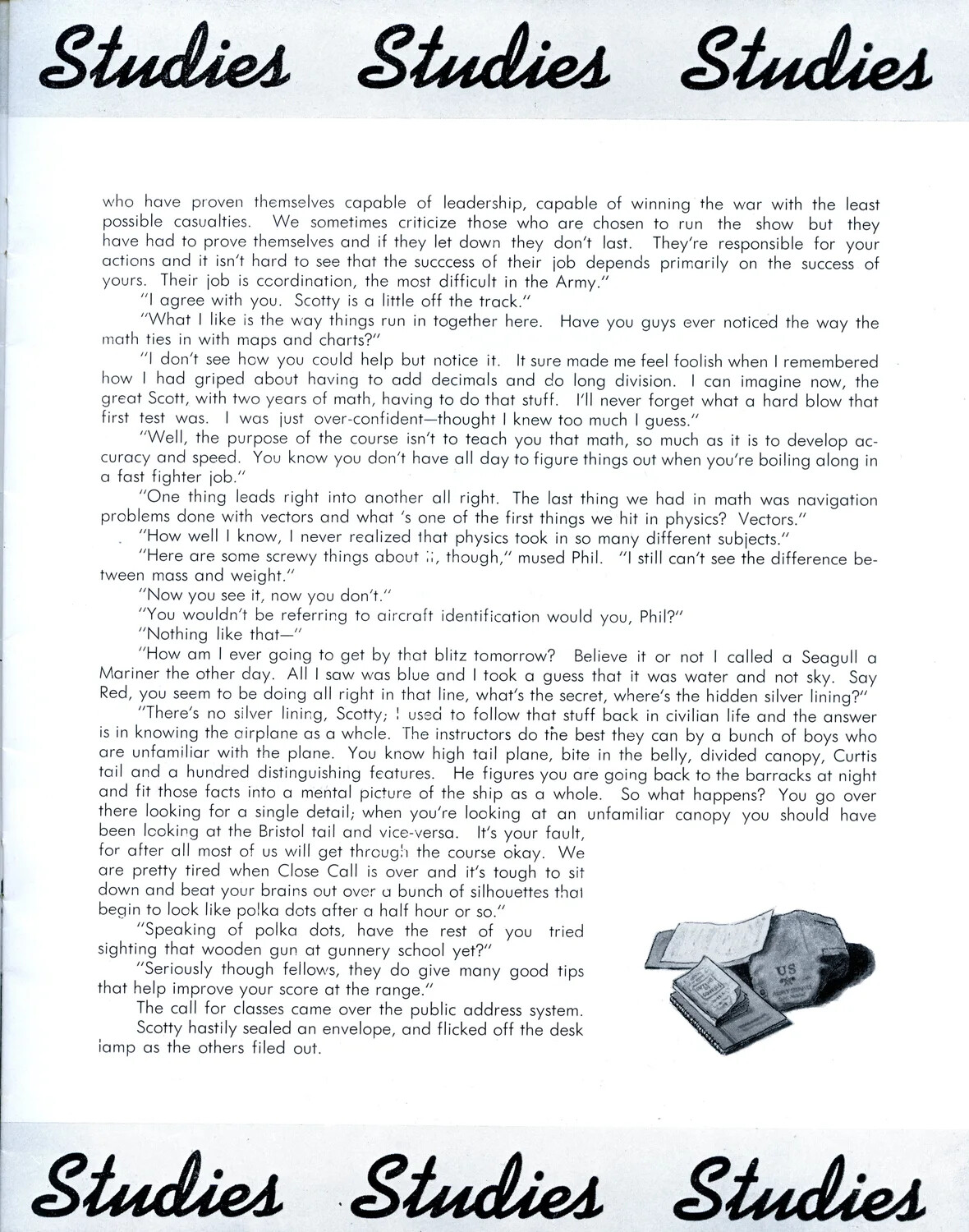 'Studies' Section Page (continued) - Cadet Dialogue on Physics, Aircraft ID, and Gunnery, AAF Pre-Flight Training Booklet