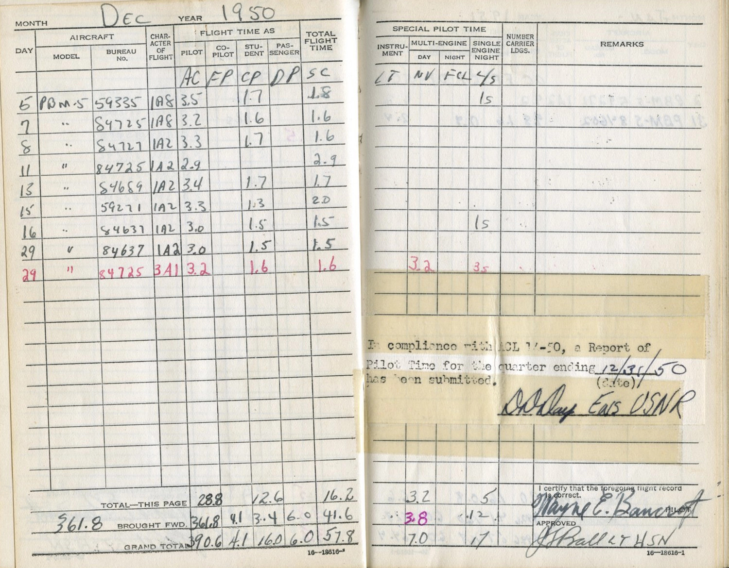 Lt. Wayne E. Bancroft's Personal Flight Logbook, December 1950 (PBM-5 Mariner Entries), Korean War Era