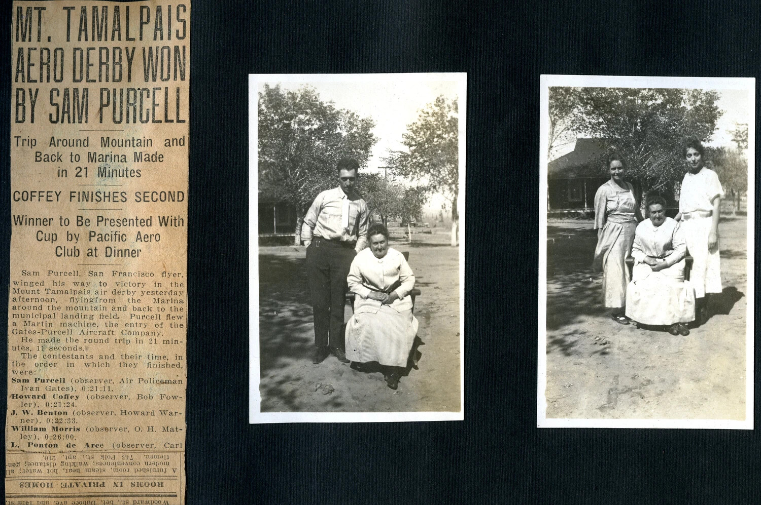 Scrapbook Page with 'Mt. Tamalpais Aero Derby' Newspaper Clipping and Two Family Portrait Snapshots, c. 1917-1918