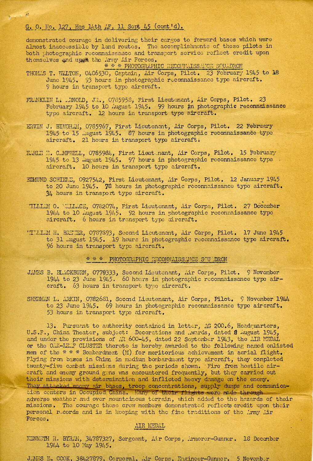 General Order No. 127, Headquarters 14th Air Force, 11 September 1945 — Photographic Reconnaissance Squadron and Air Medal Citations