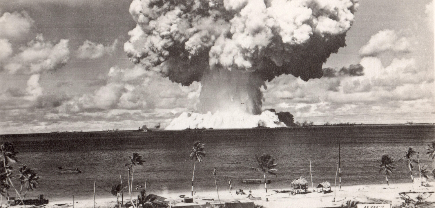 Nuclear Test Mushroom Cloud in Early Formation, Viewed from Bikini Atoll Beach