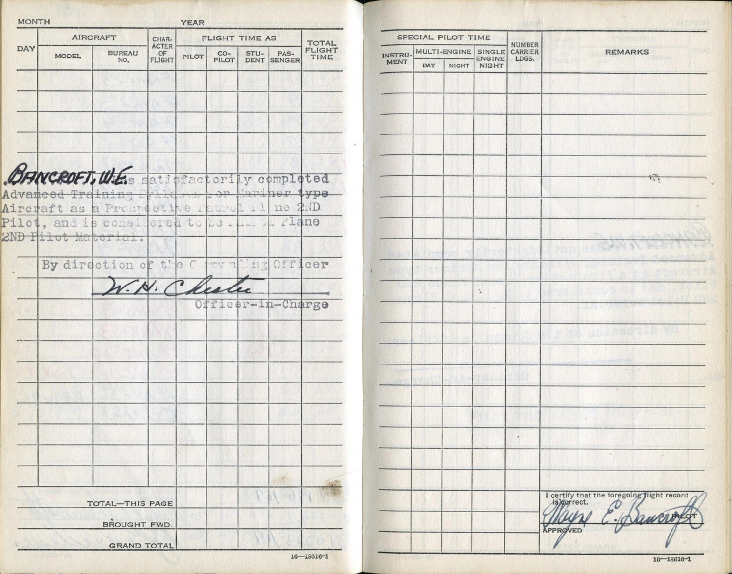 Naval Aviator Flight Logbook Page, W.E. Bancroft, Mariner Advanced Training Certification