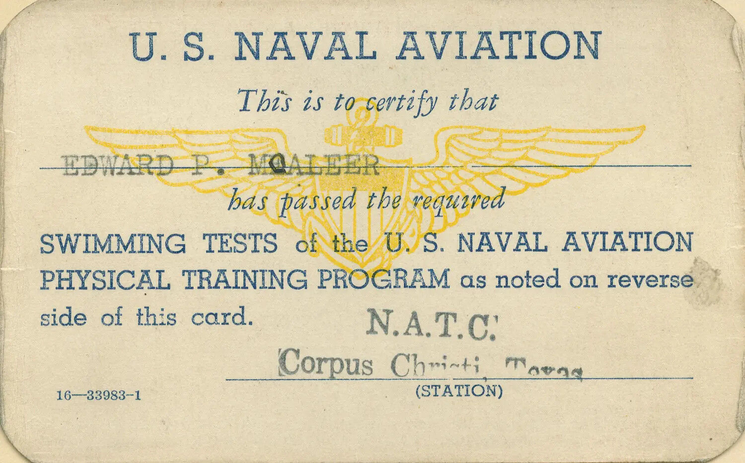 U.S. Naval Aviation Swimming Test Certification Card, Edward P. McAleer, NATC Corpus Christi, Texas