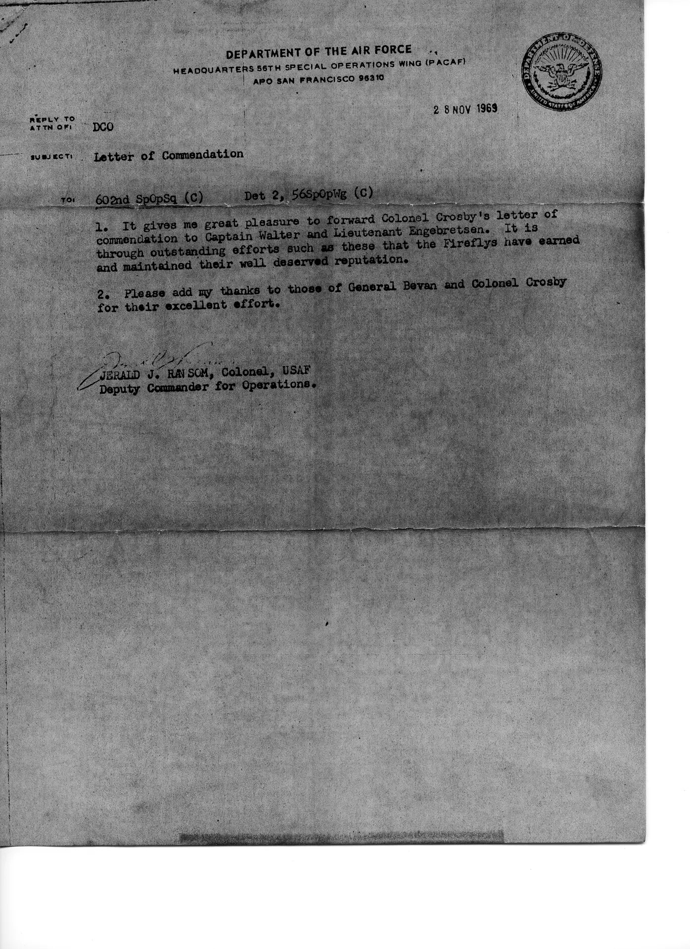 HQ 56th Special Operations Wing Letter Forwarding Commendation, 28 November 1969