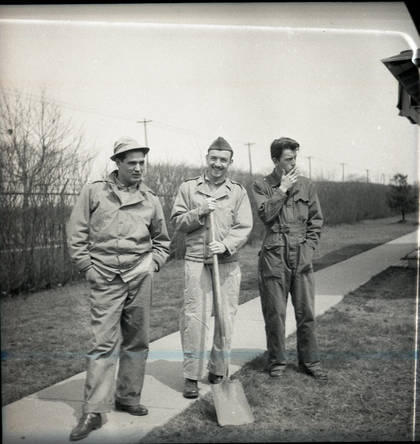 Off-Duty Servicemen with Shovel, Military Band Collection Negative, WWII/Postwar Era