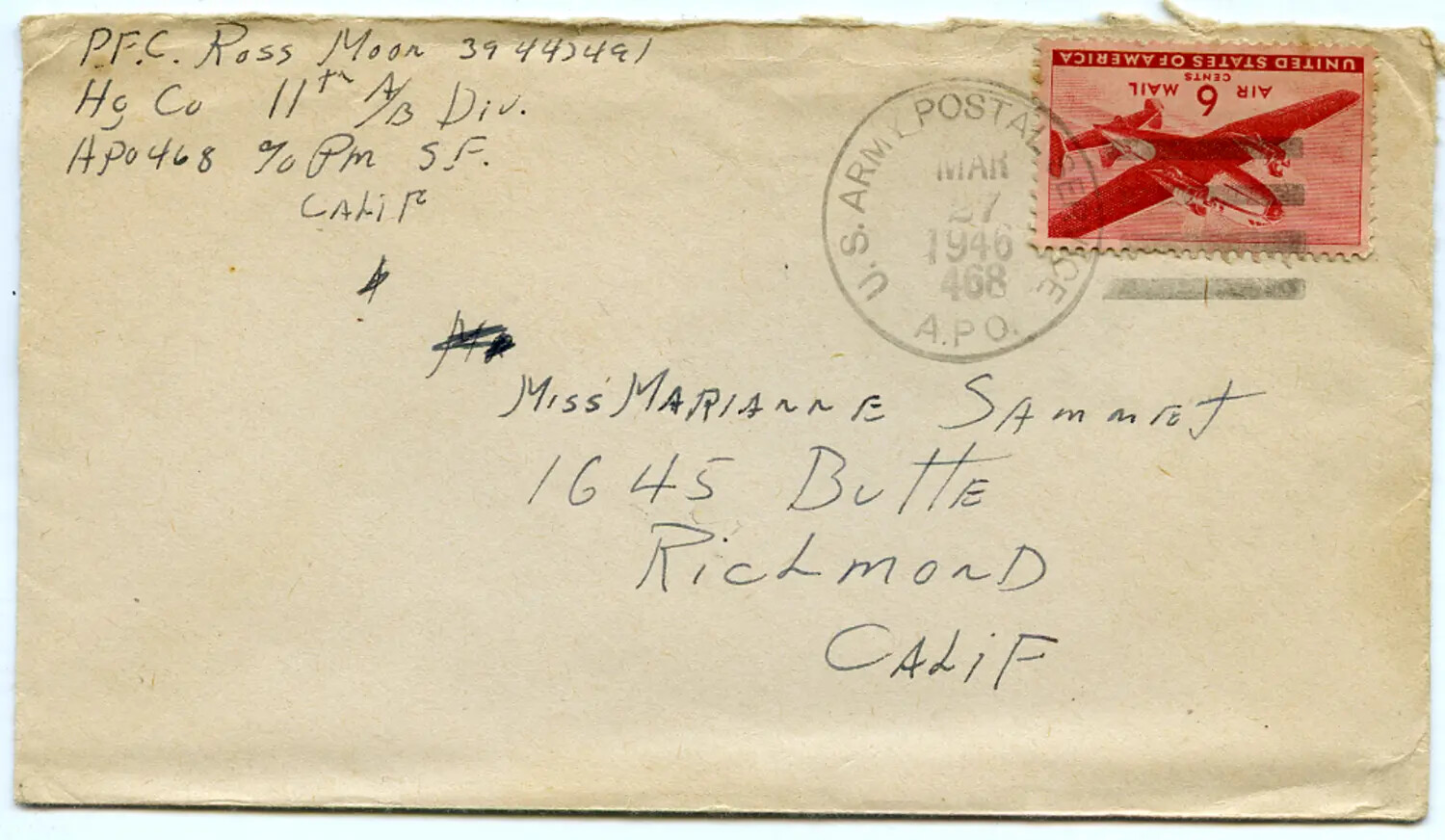 WWII-Era Mailed Envelope, PFC Ross Moon (11th Airborne Division) to Miss Marianne Sammiet, March 1946