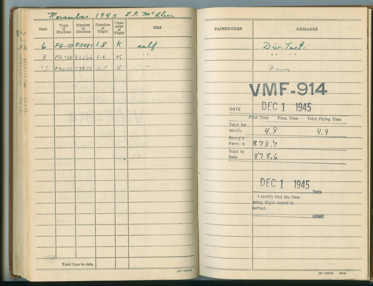 E.P. McAleer USMC Flight Log Book, November 1945 – VMF-914 Corsair Entries