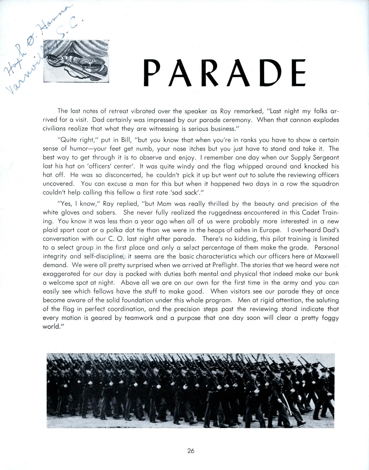 'Parade' Page from USAAF Aviation Cadet Pre-Flight Training Booklet, Maxwell Field, Alabama - Hugh O. Hanna Copy