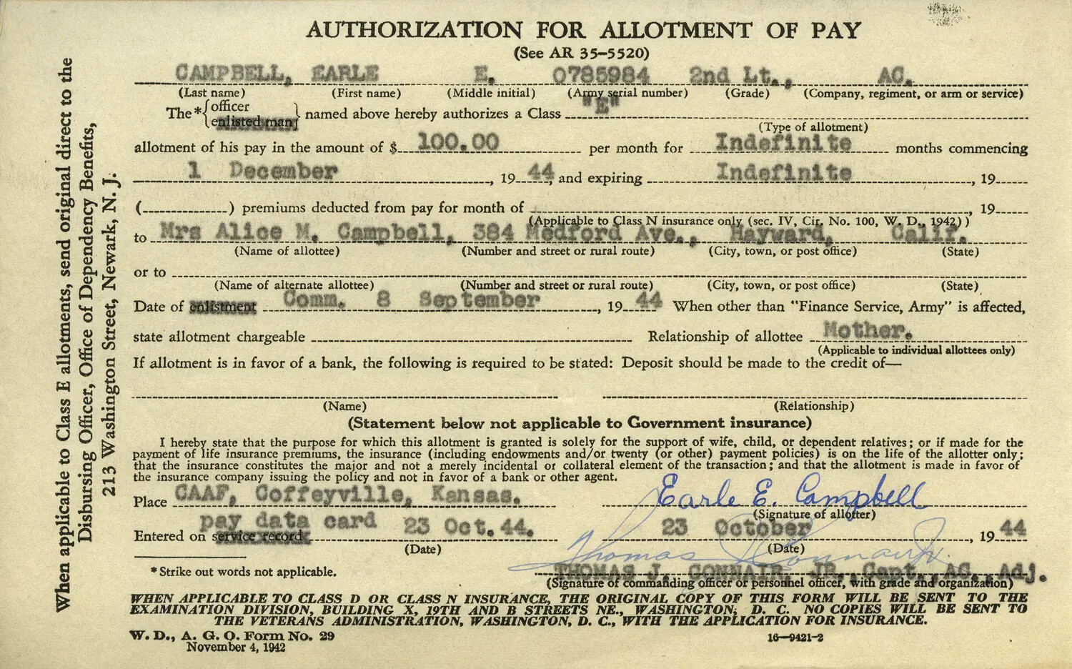 WWII Authorization for Allotment of Pay — 2nd Lt. Earle E. Campbell, Army Air Corps, 1944