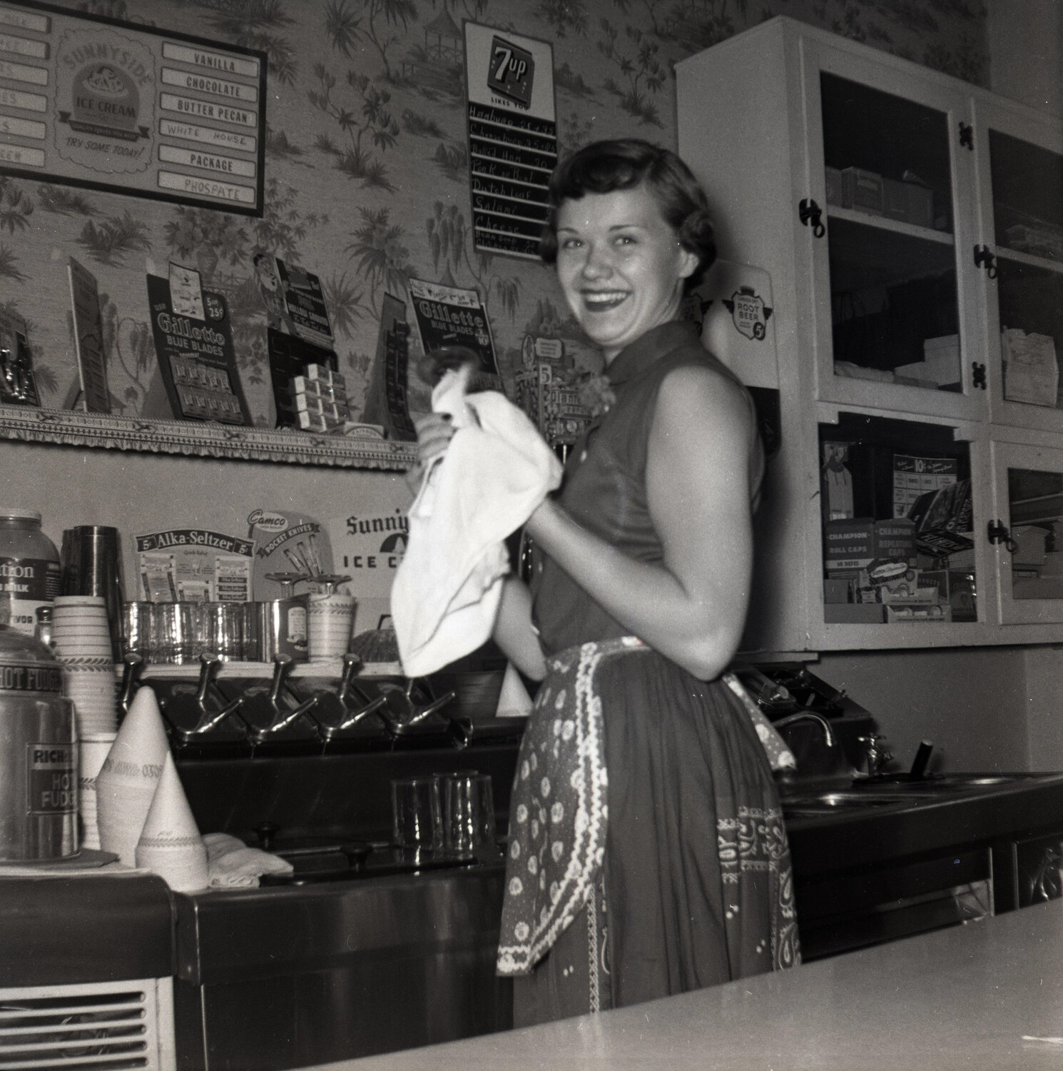 Soda Fountain Attendant Behind the Counter, 1950s Drugstore Luncheonette