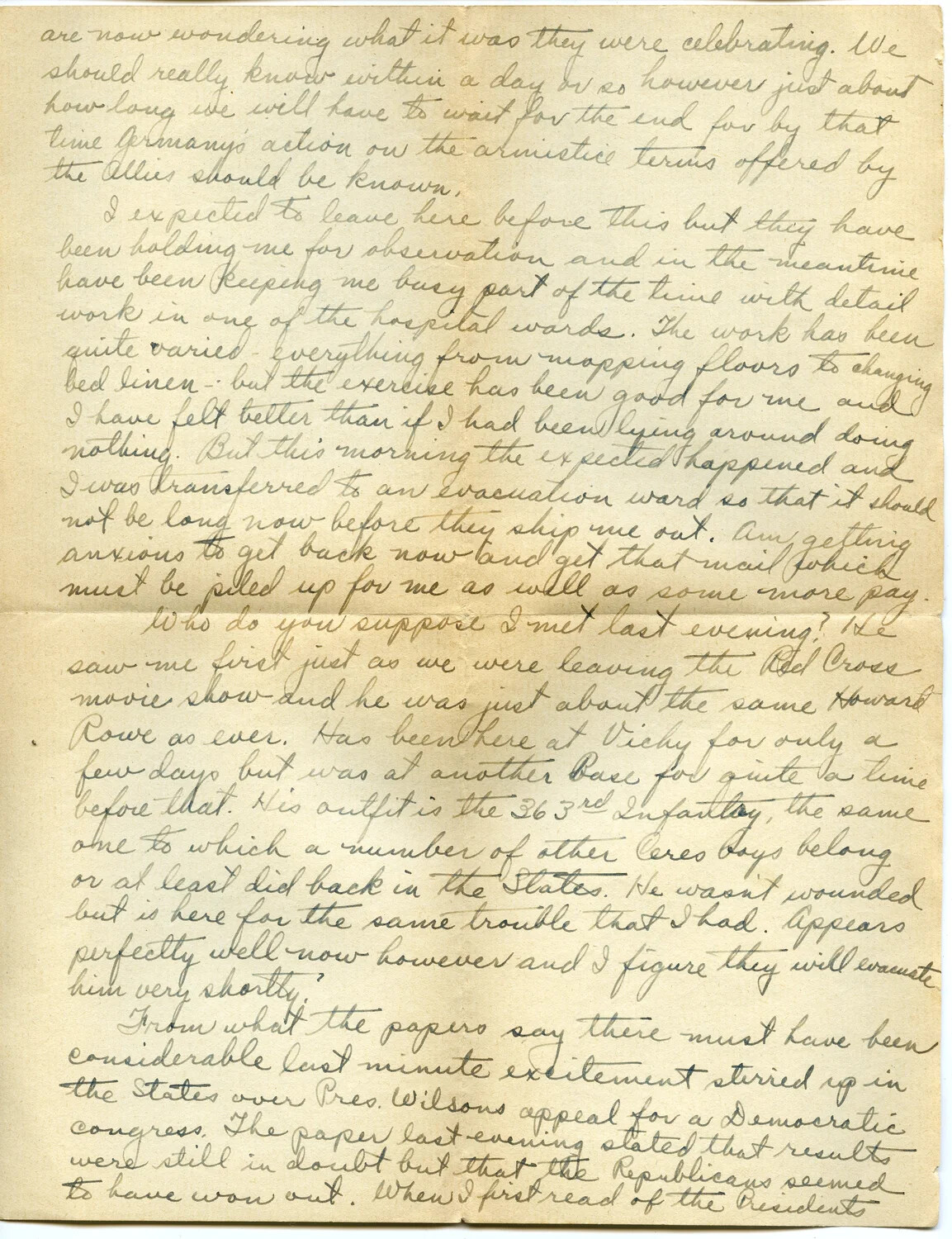 Handwritten Letter from Pvt. Willis W. Wagener, Page D, Discussing Impending Armistice and Hospital Recovery, Vichy, France, November 1918