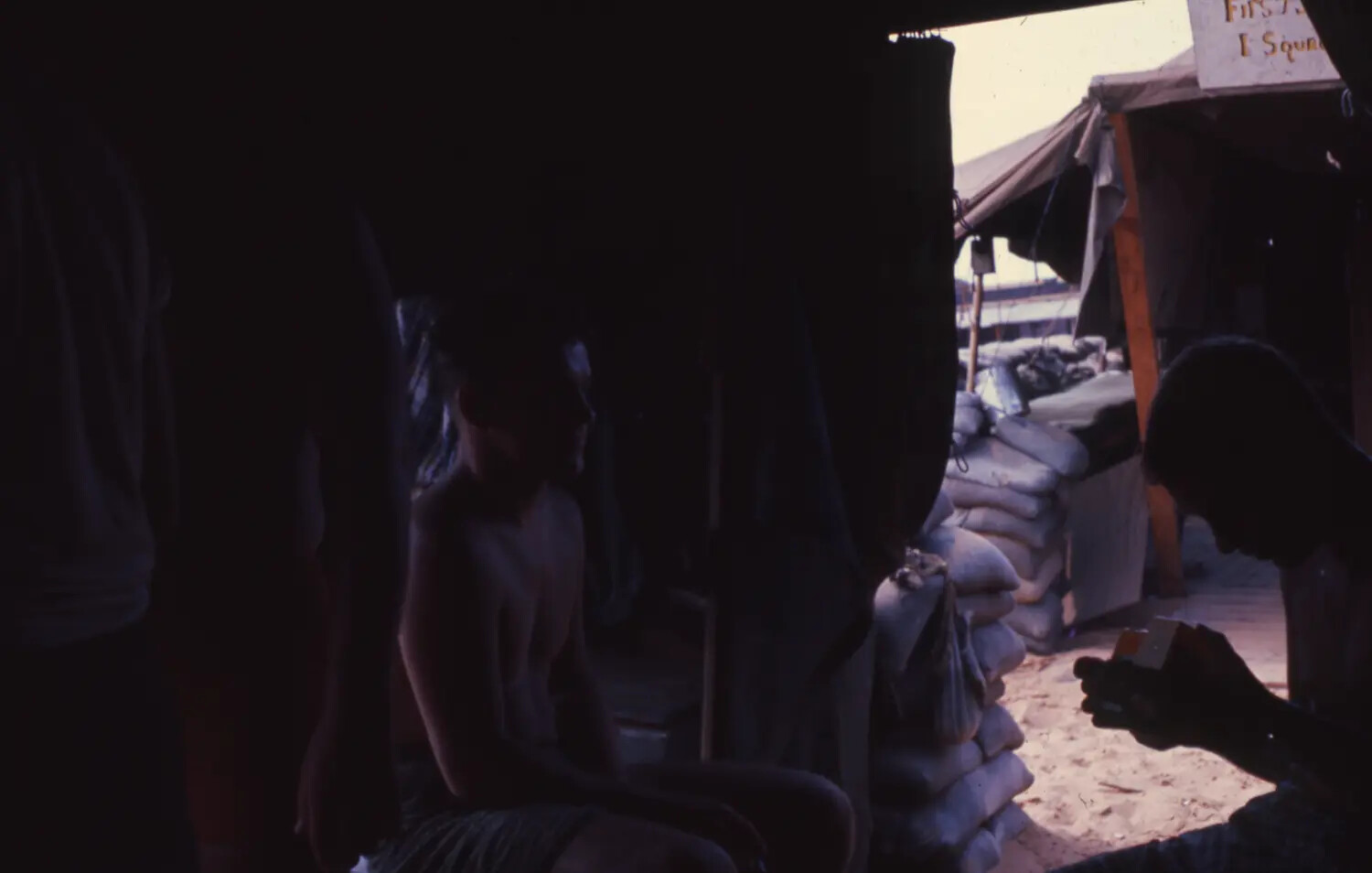 Sandbagged Bunker and Signage Viewed from Tent Interior, Cam Ranh Bay, Vietnam
