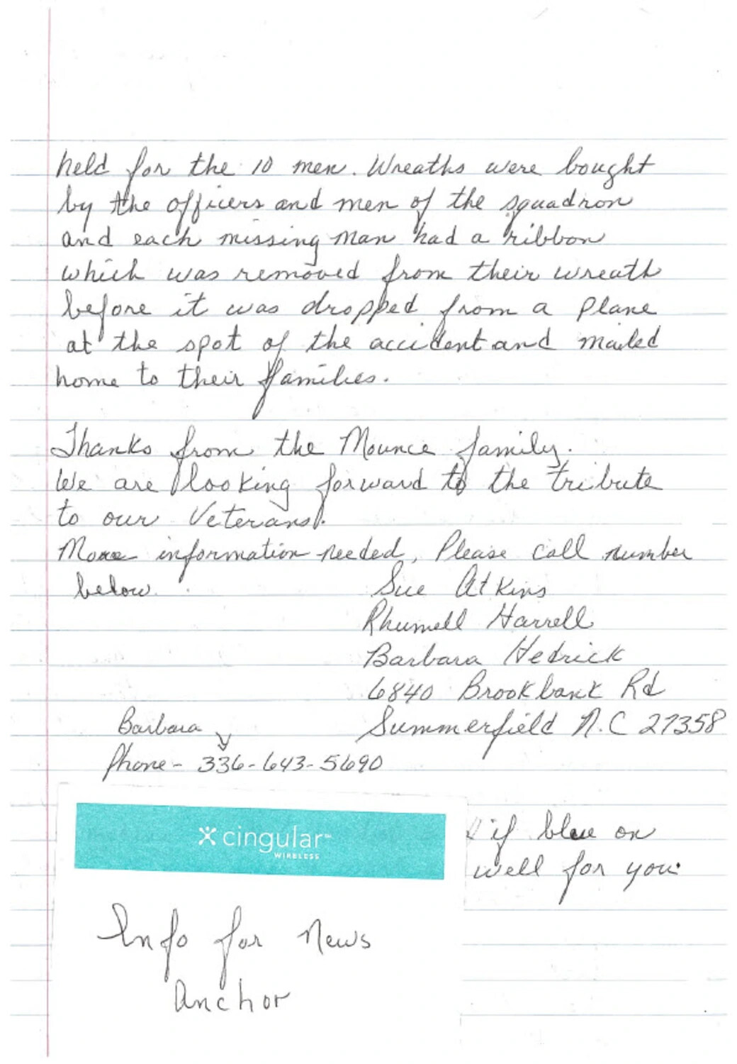 Handwritten Letter Regarding Memorial Wreath Ceremony for Missing Airmen, Mounce Family Correspondence