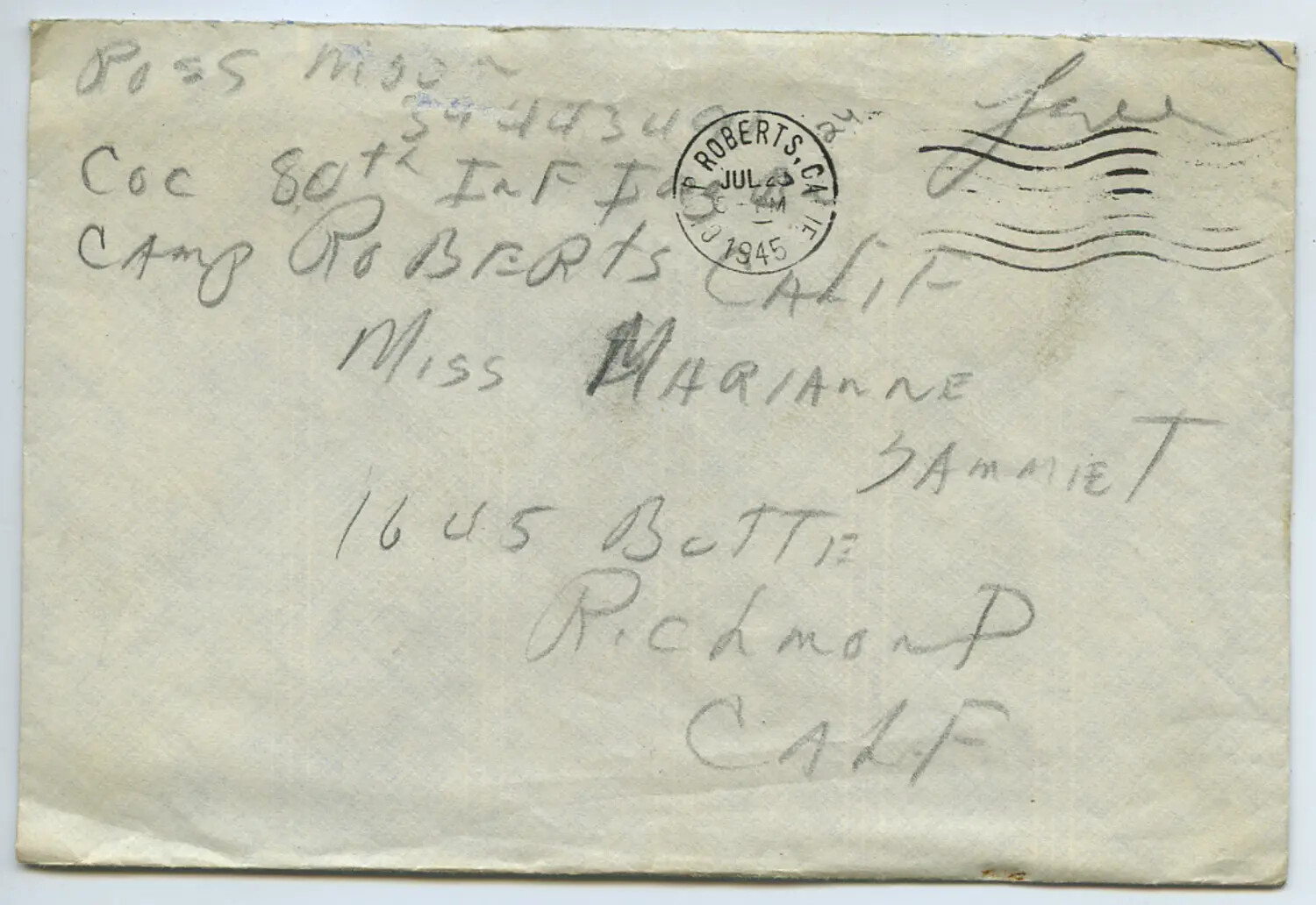 WWII Free-Mail Envelope, Pvt. Ross Moon, Co. C, 80th Infantry, Camp Roberts, California, to Miss Marianne Sammiet, Richmond, California, July 1945