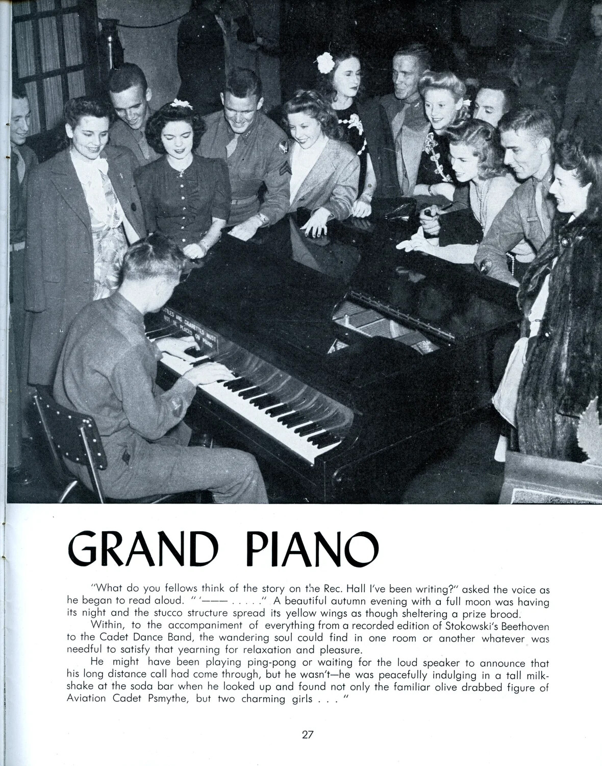 'Grand Piano' Chapter Opener - Cadets and Young Women Gathered at the Recreation Hall Piano, AAF Pre-Flight Training Booklet, Page 27