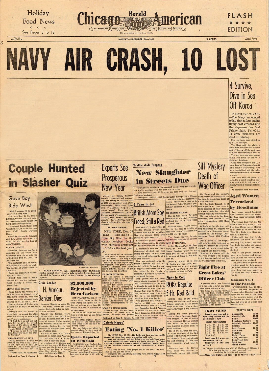 Chicago Herald-American Front Page, 'Navy Air Crash, 10 Lost' — December 29, 1952